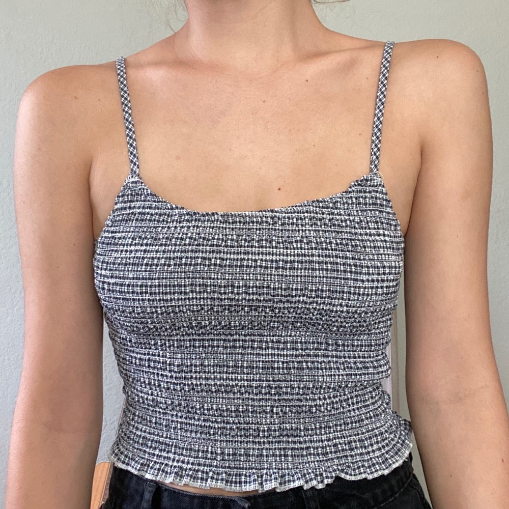 stretchy gingham tank with 2 bows on back straps